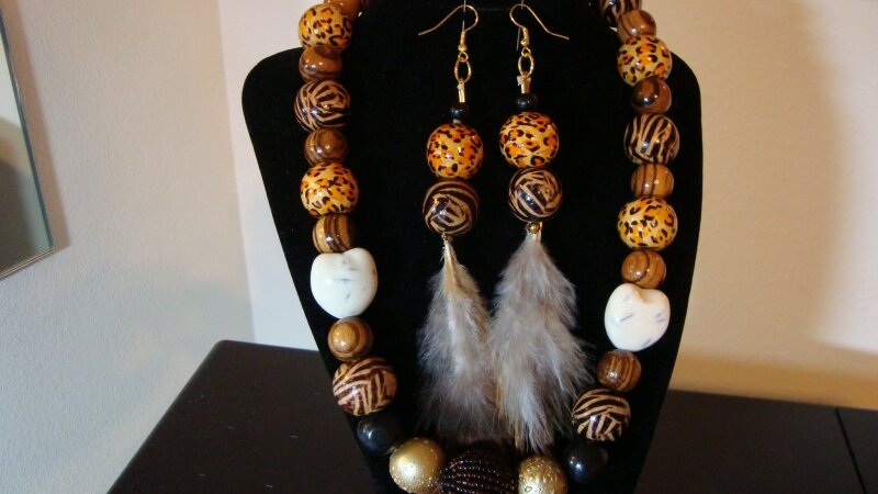 Wood, Ceramic and Feather Jewelry Set