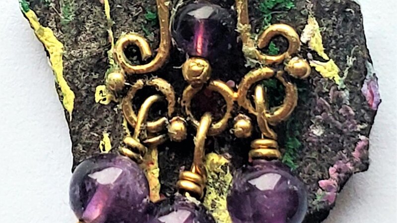 A tree bark fragment, acrylic & jewelry. Published in Nightingale and Sparrow's 'Crystalline' issue, winter 2023