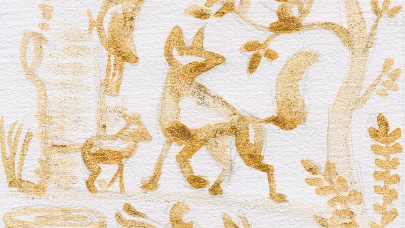 Gold gouache painting of woodland creatires: a fox, rabbit, squirrel and birds.