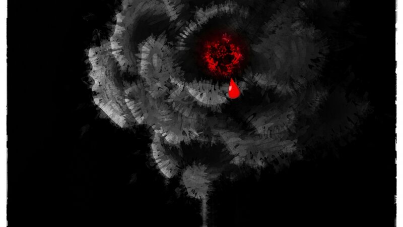Manipulated photograph of a flower with red center