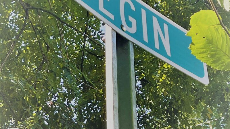 a street sign by a tree that says "begin"