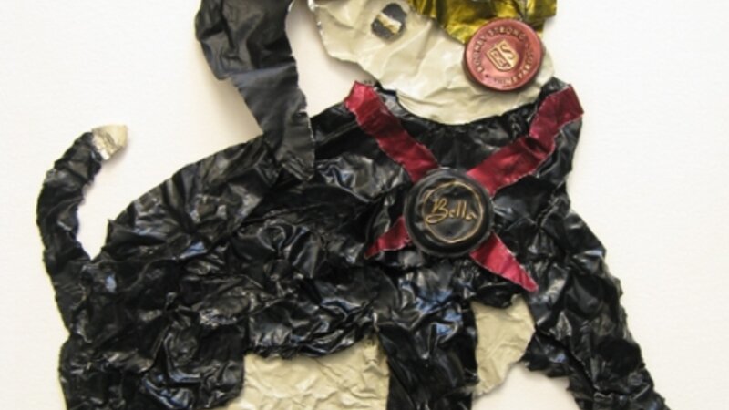 sculpture of a dog created exclusively from wine capsules