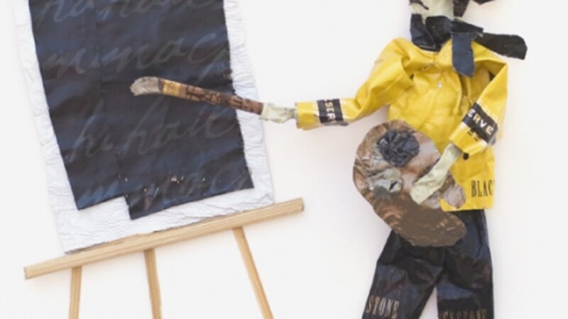 sculpture of an artist painting like Cy Twombly, made from wine capsules