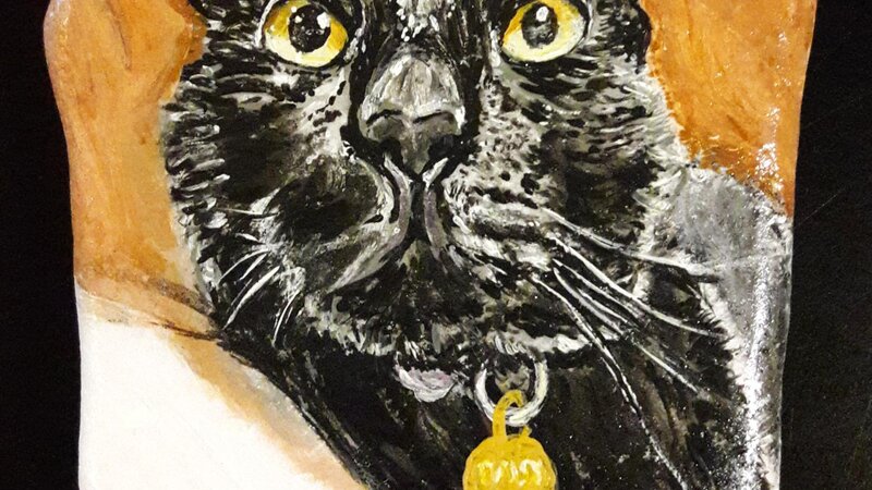 Painting of black cat with gold name tage on Santorini stone.