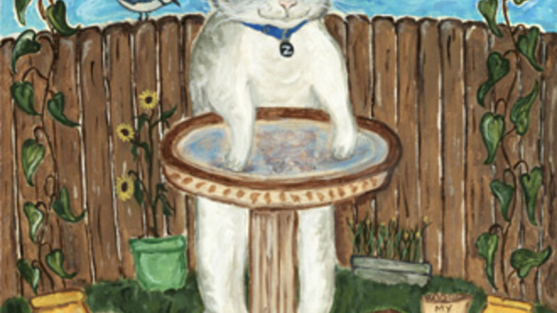 painting of cat named Zazie wearing a tiara and admiring her reflection in the birdbath