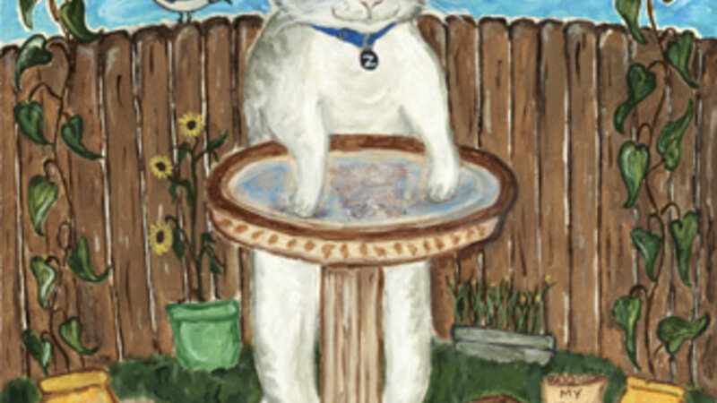 painting of cat named Zazie wearing a tiara and admiring her reflection in the birdbath
