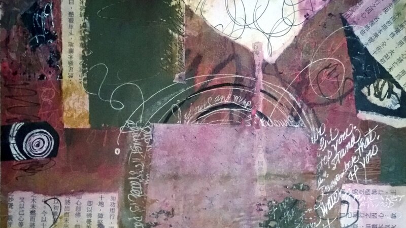 Collage, mixed media mounted on 11"X14" wood panel, abstract