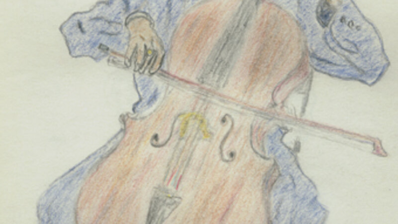 Colored pencil sketch on paper of a cellist