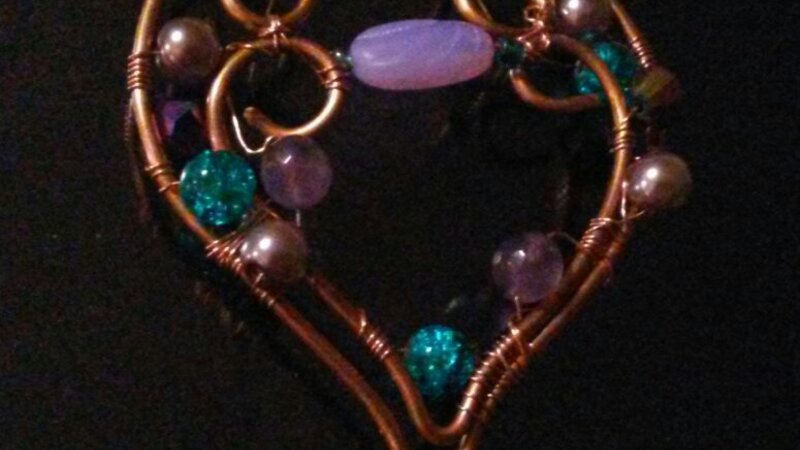 Wire wrapped heart with semi precious beads