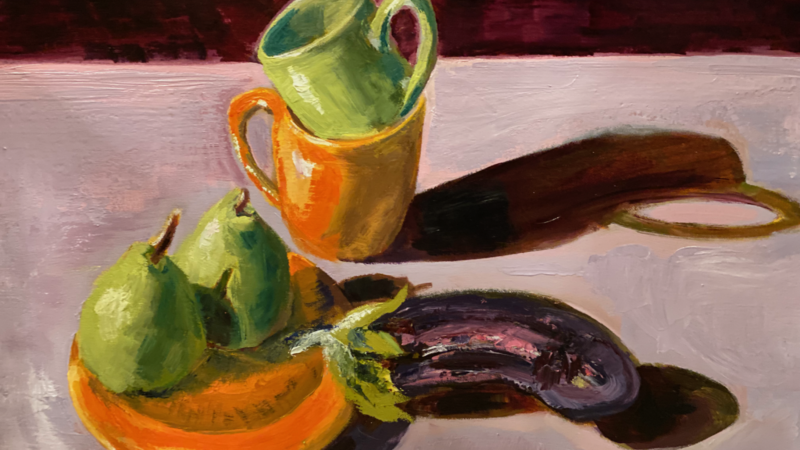 Eggplant and Pears Still Life