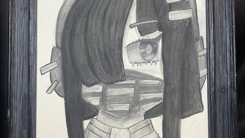 Pencil on paper drawing of a girl wearing a mask