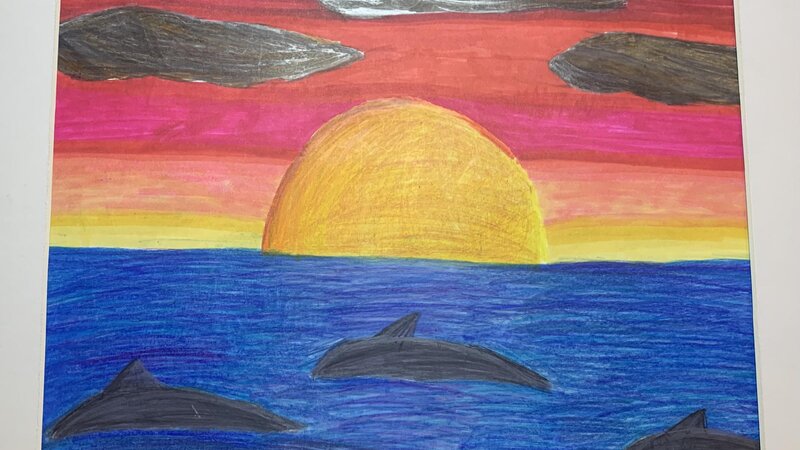 colored pencil and marker drawing of an ocean sunset