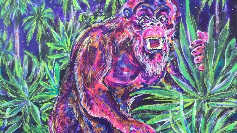 "Florida Skunk Ape" is one of two pieces submitted and accepted into  The National Arts Program's 2017 art exhibition held at the Orlando International Airport. The exhibition will be held open to the public, at the Orlando International Airport, from August 24 through September 29, 2017, during the hours of 9am - 5pm..  This acrylic painting pays tribute to the photographs and reports of the Florida skunk Ape, utilizing witness descriptions and forensic evidence found at the reported sightings. The skunk a