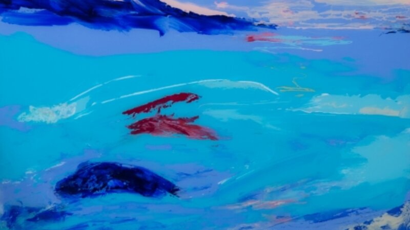 Reverse painting technique, Acrylic, tropical, abstract, abstract seascape, fish, colorful, dynamic