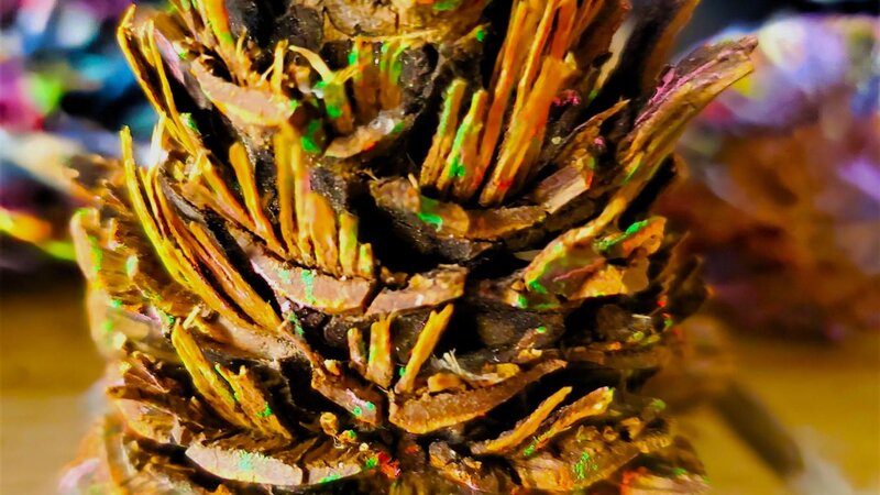 4 in. tall pine cone fragment, painted with prismacolor and inktense pencils