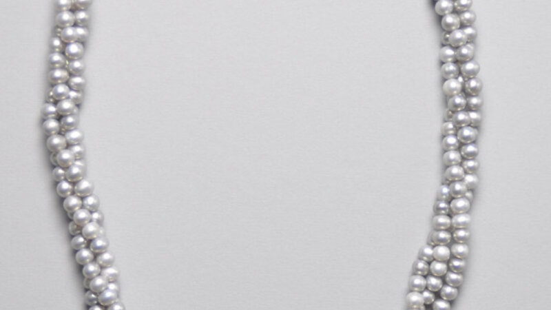 Grey Triple Strand Pearl Necklace with Lampwork Focal Bead