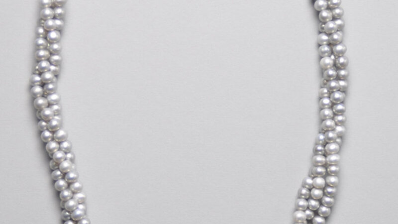 Grey Triple Strand Pearl Necklace with Lampwork Focal Bead