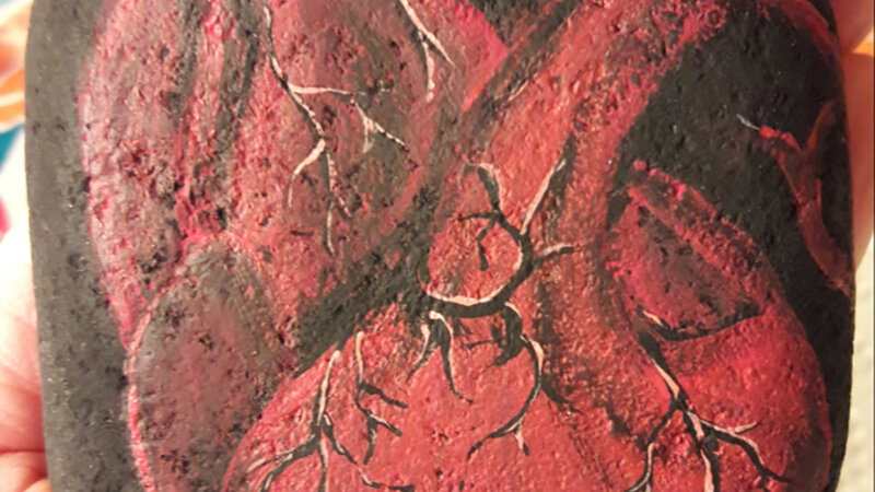 Acrylic painting of heart organ on rock.
