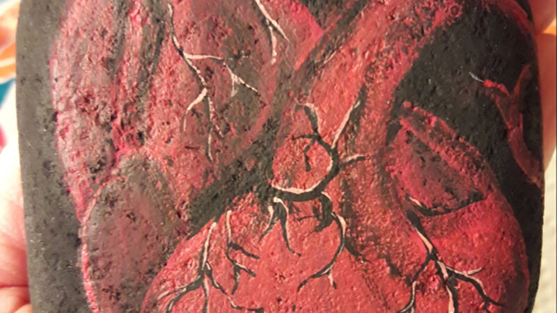 Acrylic painting of heart organ on rock.