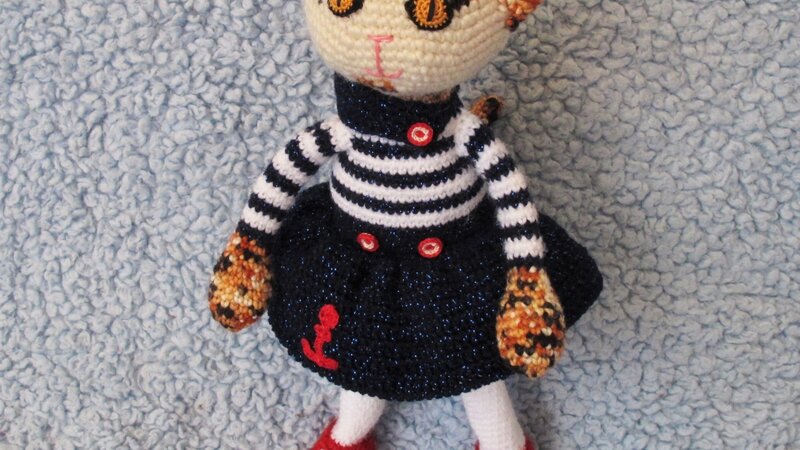 Poppy, calico cat in a sailor outfit; crochet doll on wire carcass with movable arms, legs and tail