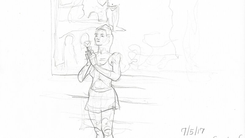 Joe Carrigg's drawing of Renee in Front of Gauguin's Painting
