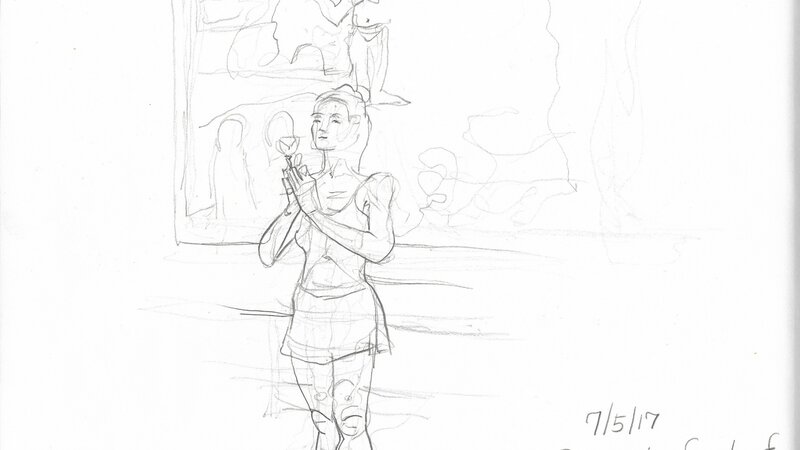 Joe Carrigg's drawing of Renee in Front of Gauguin's Painting