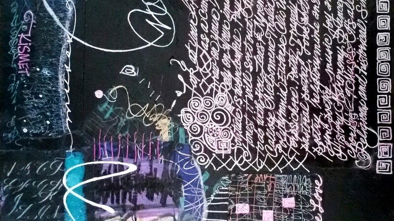 Collage, mixed media mounted on 12"X12" wood panel, abstra