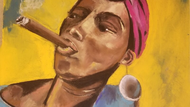 pastel image of woman smoking cigar