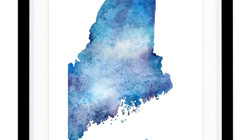 Watercolor painting of the State of Maine with islands.