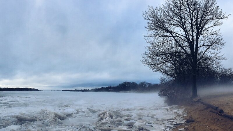 mist, ice, water, trees, cold, chill, water, river, bench, beach,