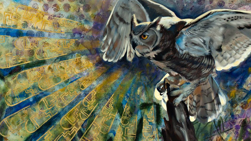 Painitng in acrylic and oil depicting an owl perched with wings spread