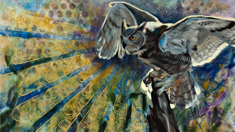 Painitng in acrylic and oil depicting an owl perched with wings spread