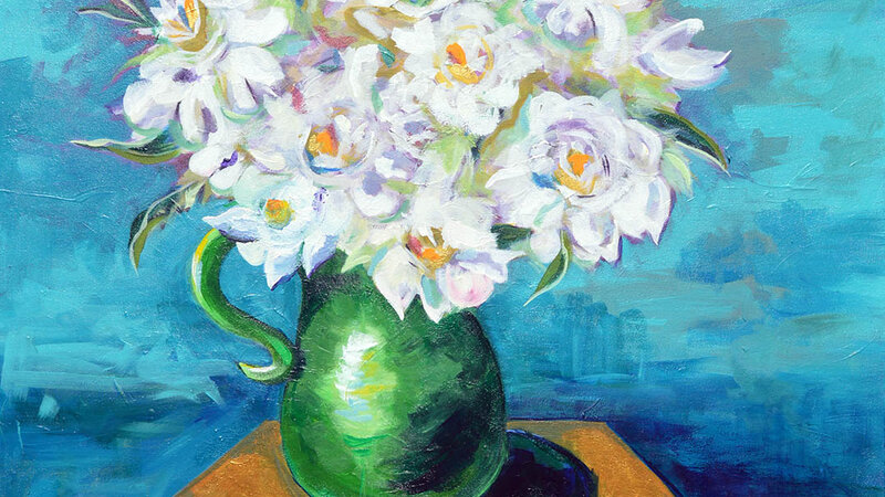 Painting of a green pitcher filled with White Peony
