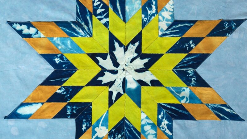 Lone star quilt pieces with hand dyed cotton and cyanotype prints