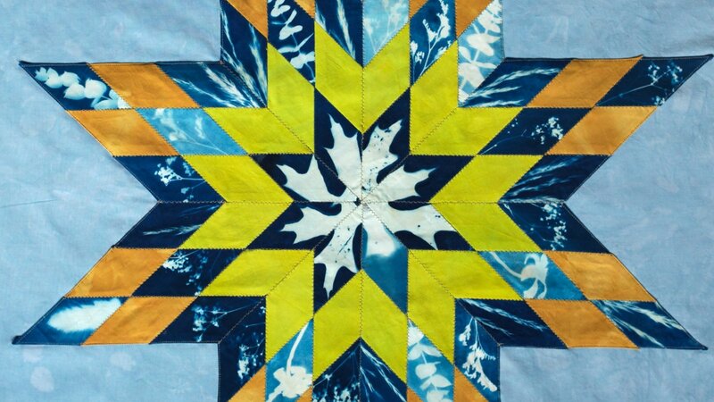 Lone star quilt pieces with hand dyed cotton and cyanotype prints