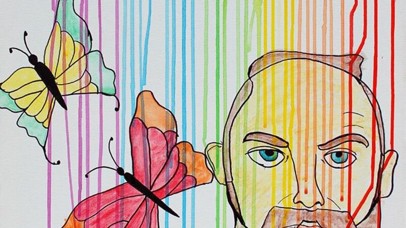 rainbow drips and butterflies surround a man with nailpolish flowers in his beard