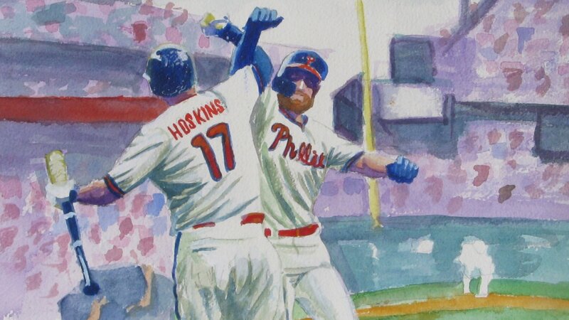 Rhys Hoskins Bryce HArper High Five Art Print Philadelphia Phillies Lou Baker Artist