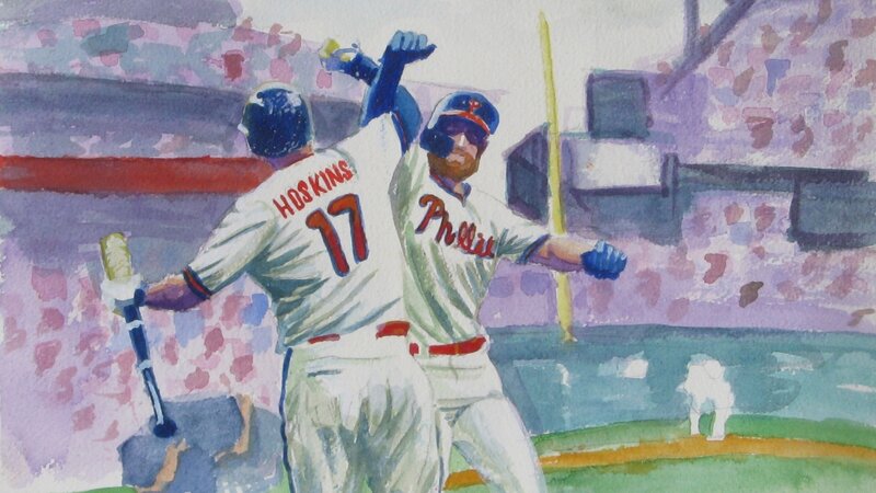 Rhys Hoskins Bryce HArper High Five Art Print Philadelphia Phillies Lou Baker Artist