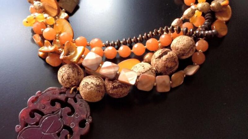 ROX Jade Pendant Necklace with Mahogany See, Mother of Pearl, Abalone, Honey Jade, Red Adventurine, Wood and Ethiopian Brass