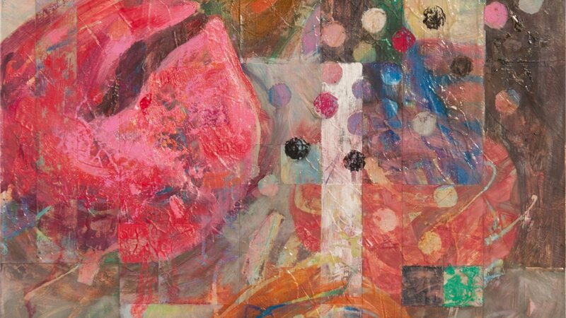 Oil On Wood Panel, Abstract On Wood Panel, 14 X 17 Abstract, Red Pink Black White Gray Art, Pink Red And Gray Abstract, Abstract Collage Artwork, Red Pink Gray Collage Art, Oil And Cold Wax Abstract, 14 X 17 Oil And Cold Wax Art, 14 X 17 Collage, Oil Pastel Collage