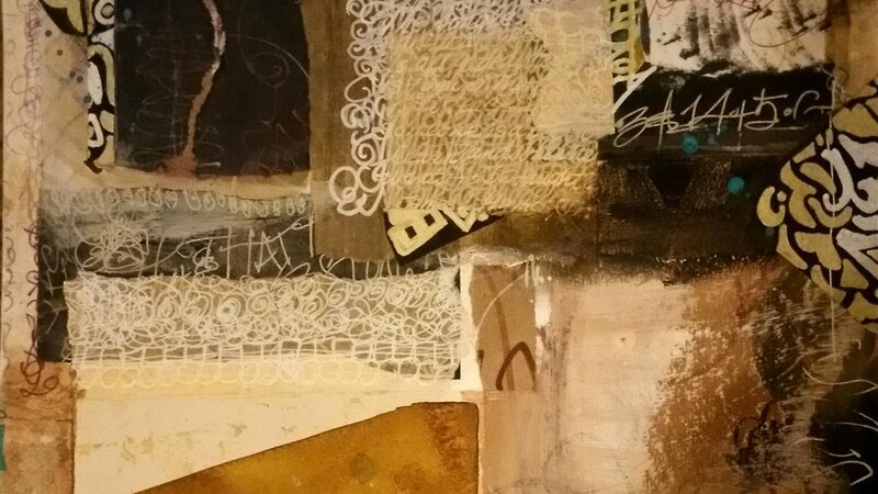 Collage, mixed media mounted on 12"X12" wood panel, abstra