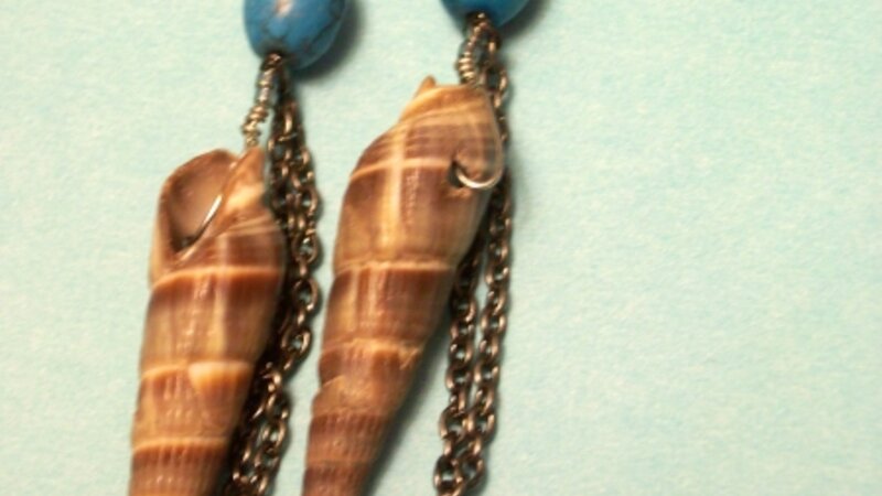 Shell earrings with gunmetal chains and turquoise beads