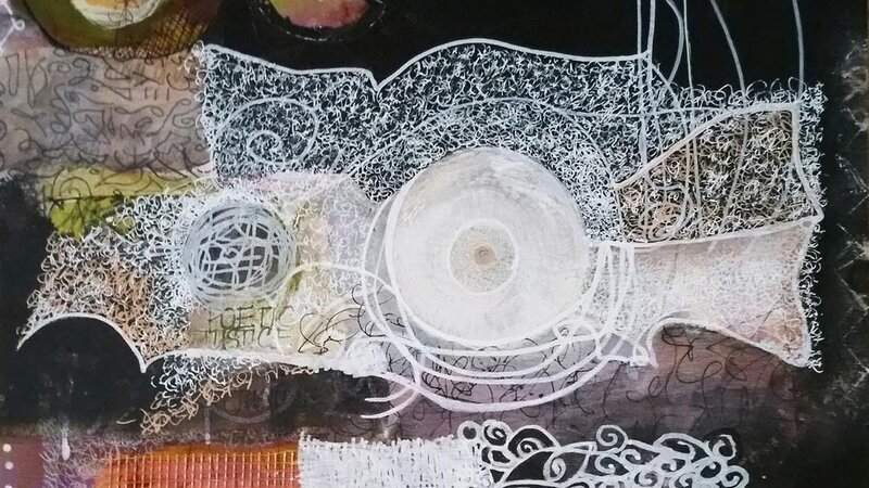 Collage, mixed media mounted on 12"X12" wood panel, abstra