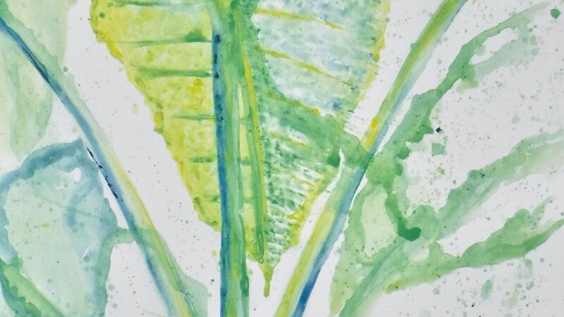 watercolor style acrylic painting of large leaves 