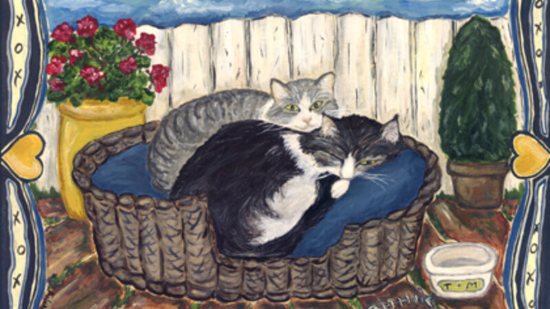 Acrylic on board of two cats in a basket