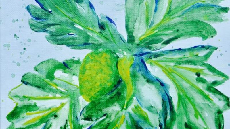 watercolor style acrylic painting of fruit and large leaves 