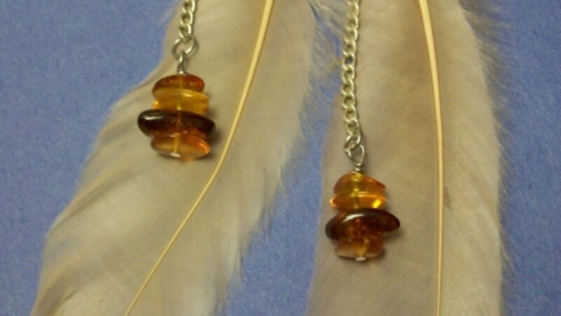 Pink feather earrings with amber chips