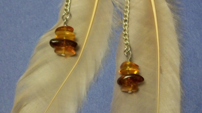 Pink feather earrings with amber chips