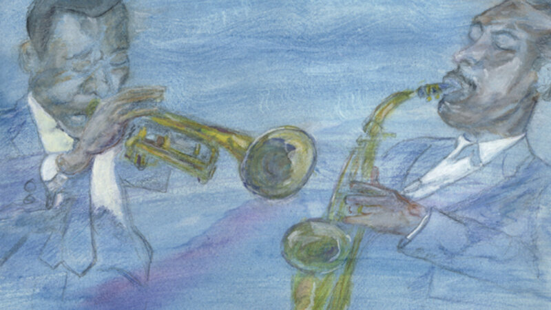 watercolor of a saxophone player and a trumpeter