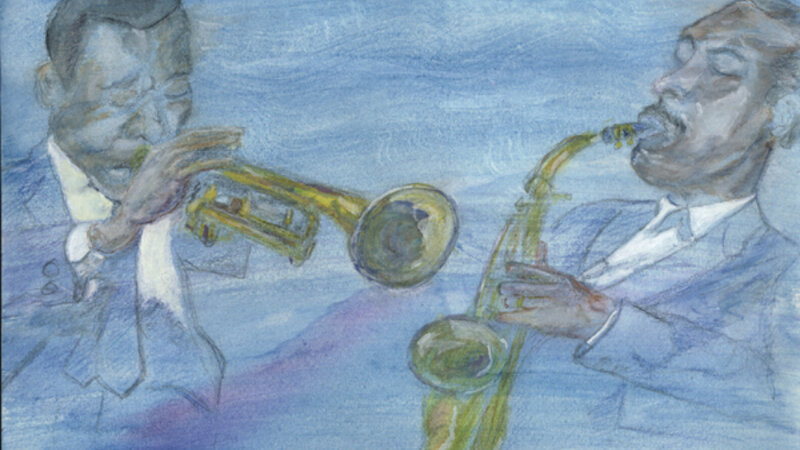 watercolor of a saxophone player and a trumpeter